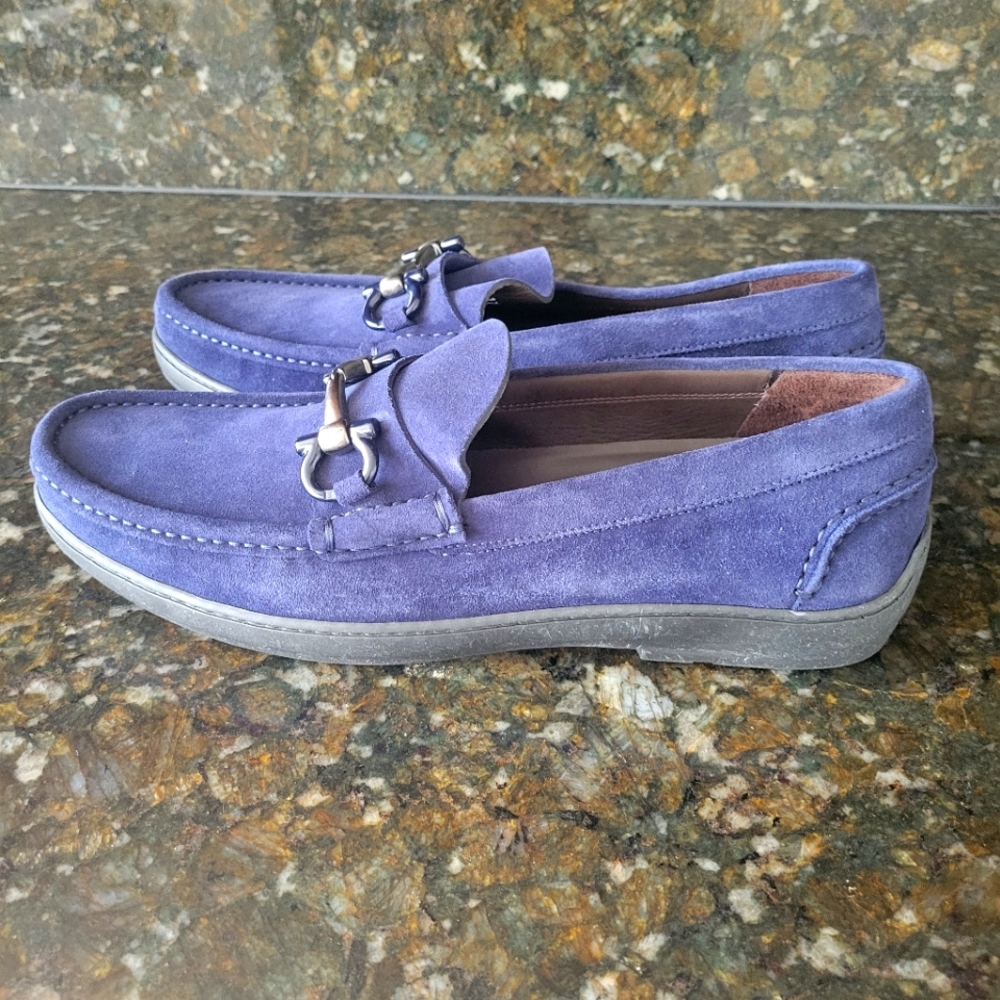 Mens Salvatore Ferragamo Navy Blue Gancini Suede Loafers, Size 11